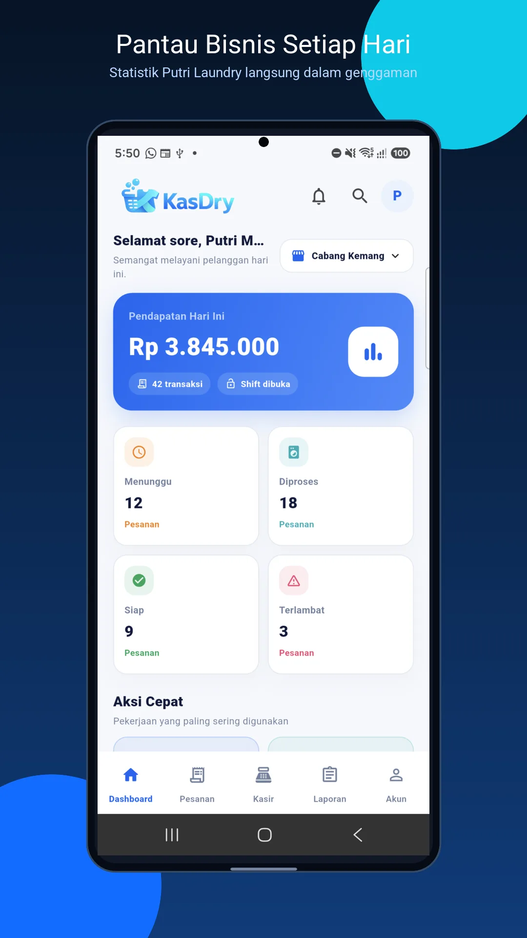 Dashboard asli aplikasi KasDry untuk Putri Laundry dengan pendapatan dan statistik pesanan