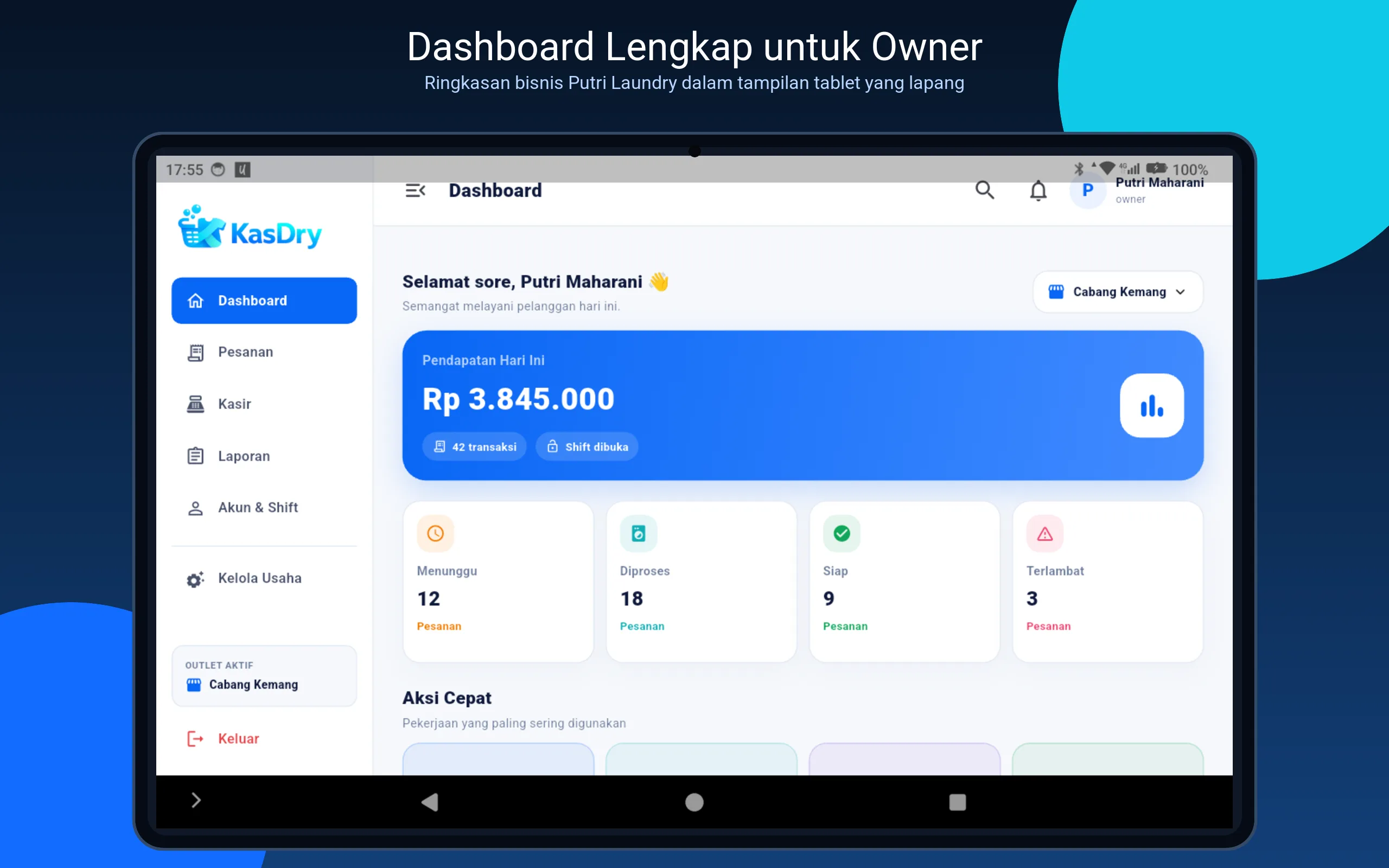 Dashboard tablet asli aplikasi KasDry dengan statistik Putri Laundry
