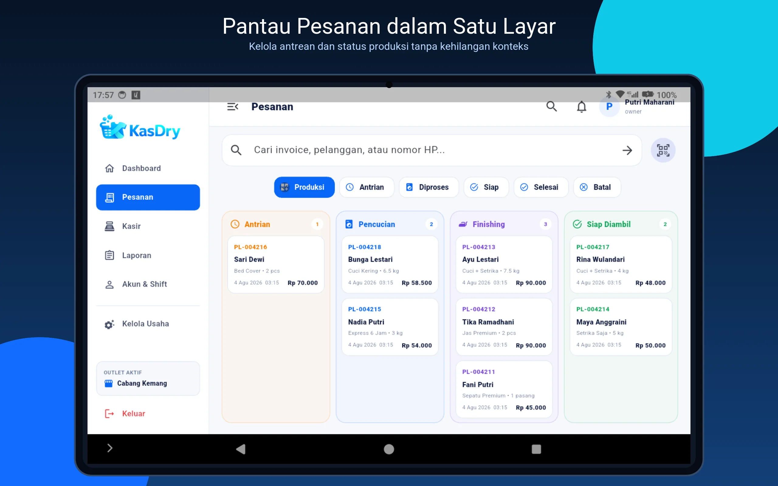 Daftar pesanan asli KasDry pada tablet Samsung