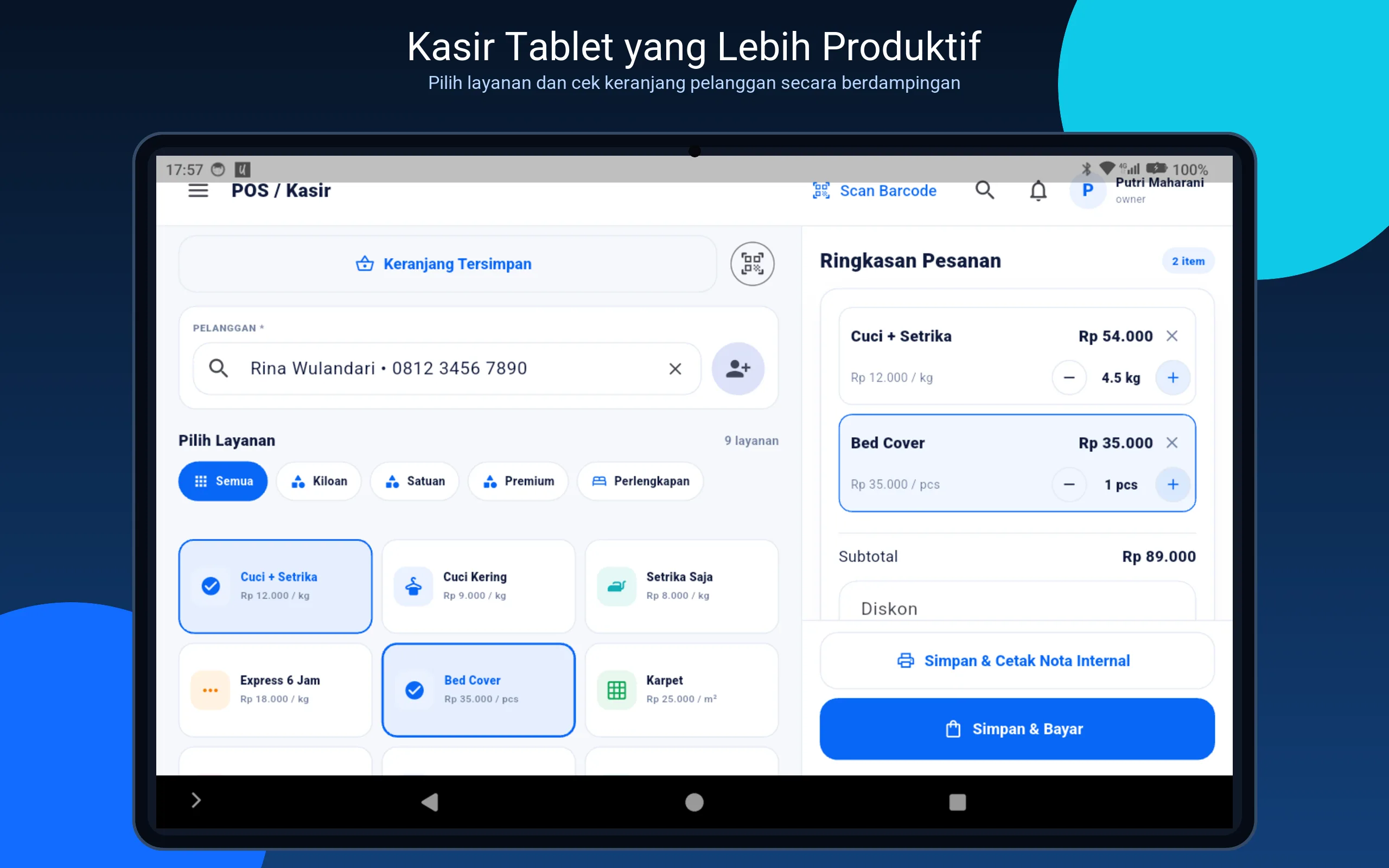 Kasir tablet asli KasDry dengan katalog dan keranjang berdampingan